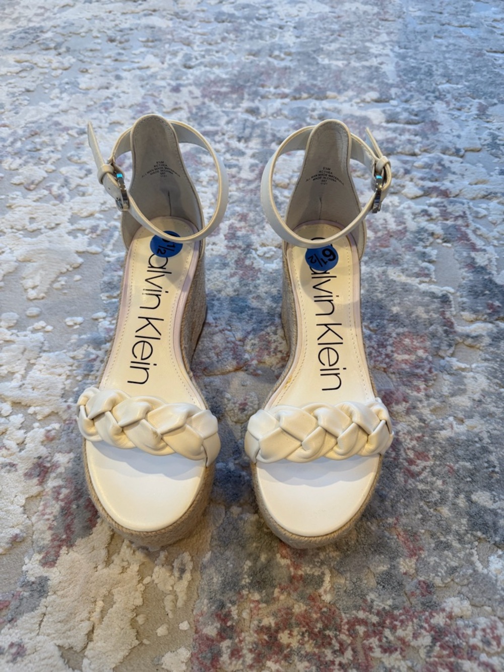 Calvin Klein White Braided Ankle-Strap Espadrille Wedge Sandals